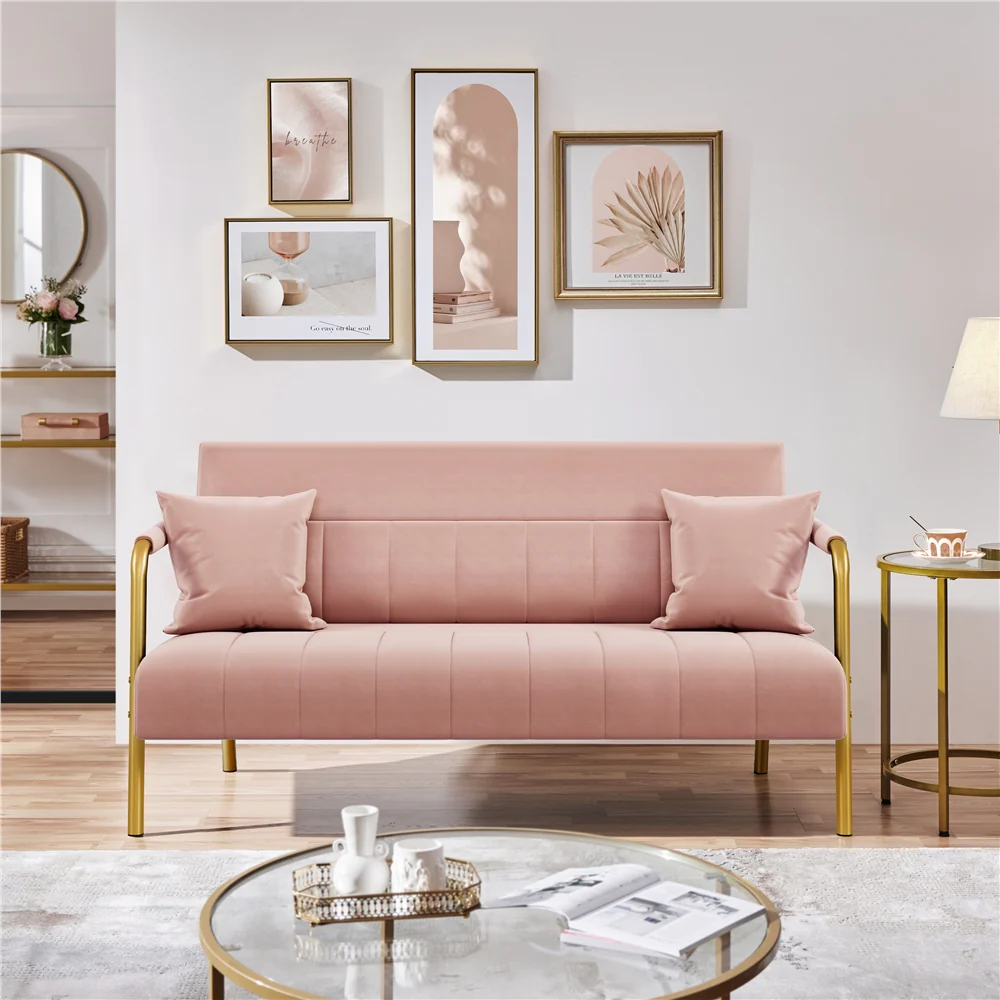 Costoffs Velvet Fabric Sofa Couch, 56.5″ W Modern Loveseat Couch with Gold-tone Metal Arms, Legs & 2 Pillows, Sofa for Living Room, Bedroom Furniture, Pink\u002FGreen\u002FGray
