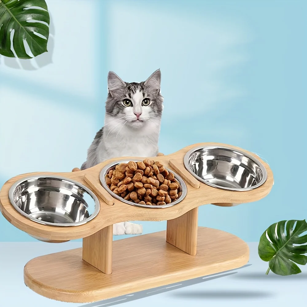 Raised Cat Bowl - Elevated Stainless Steel Food and Water Bowls with 15° Tilted Stand for Cats, Indoor Feline, Puppy, and Kitten Feeding
