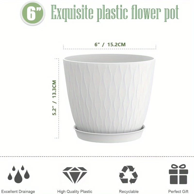 6 Inch Plant Pots 6 Pack Flower Pots for Indoor and Outdoor Use Planters with Drainage Holes and Saucers White