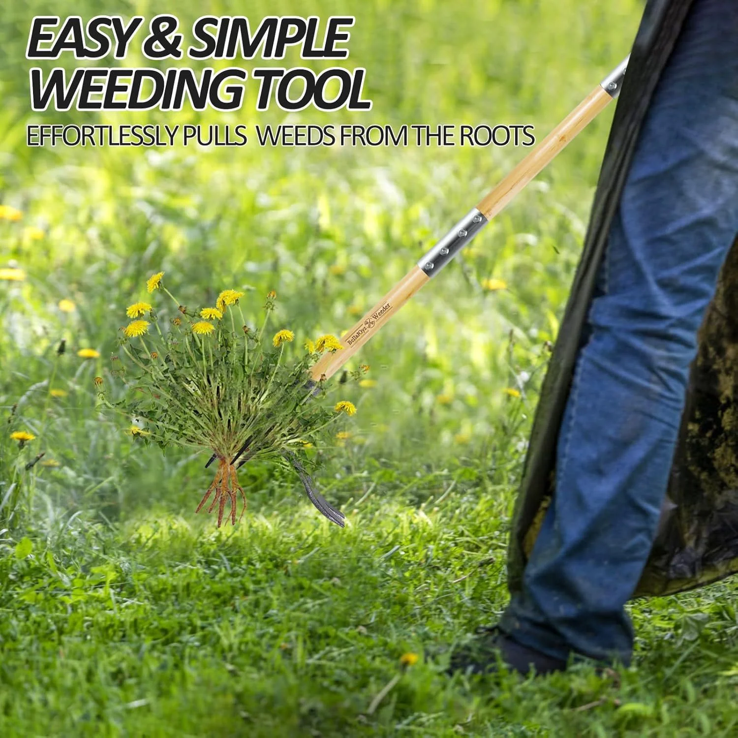 46'' Stand Up Weed Puller Tool with 4-Claw Steel Head and Bamboo Handle, No-Bend Weeder Tool for Lawn & Garden