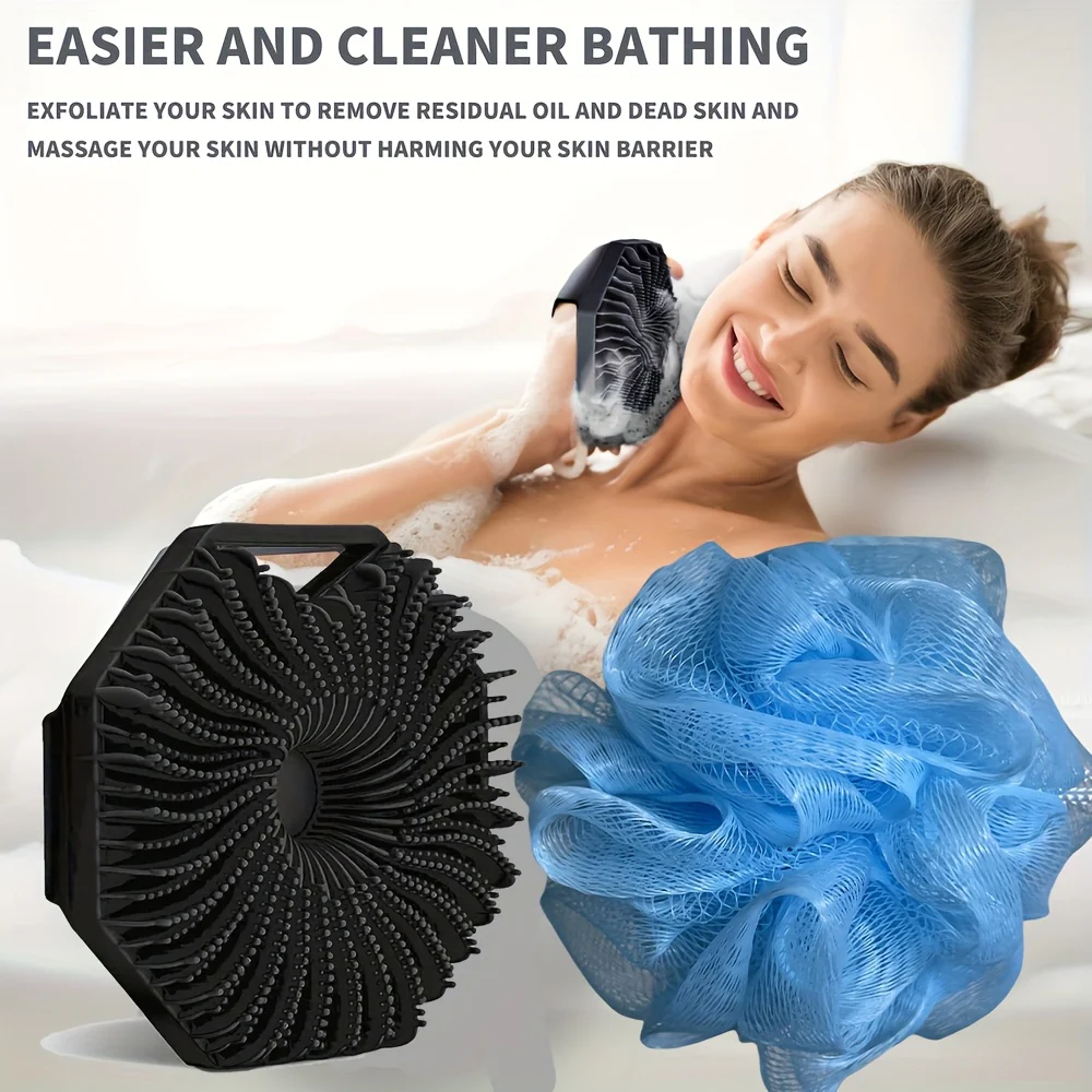 (4 Pieces)  Combination Package - Antibacterial Silicone Body Scrub And Bathroom Mesh Bag Foam Ball Set, Exfoliating Body Scrub, Suitable for Sensitive Light Beige, Bath Scrub, Suitable for Body Silicone Bath Brush