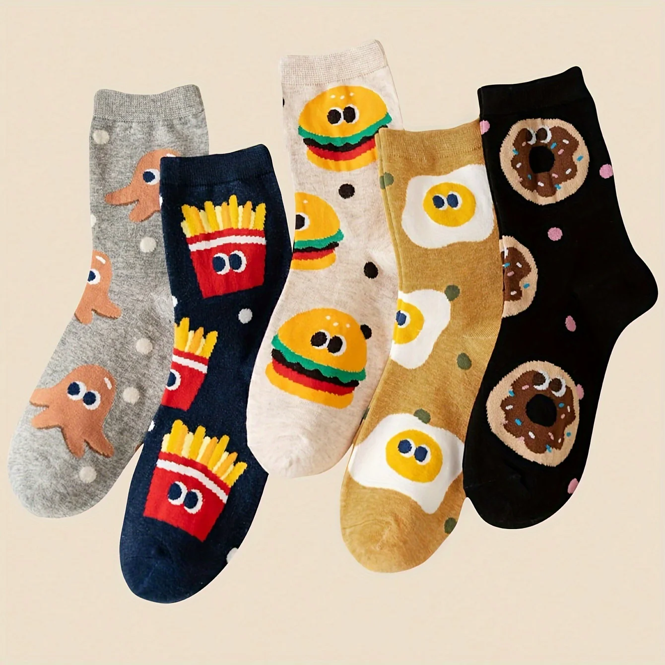 10-Pack Burger & Fries Cartoon Crew Socks - Playful Fast Food Print with Polka Dots & Green Dots - Unisex Comfort for Casual Attire, Travel, Sports - Fun College Style Essentials, Travel Accessories | Whimsical Sock Design, Funny Socks